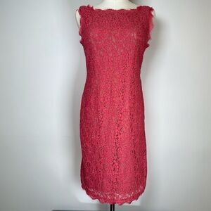 Adrianna Papell Coral Pink Venetian Lace Dress Fringe Trim Women’s Size 4 Petite